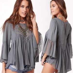 Free People Edwardian Angelic Lace Tunic Top Dark Gray XS Flowy Fairy Gypsy Y2K